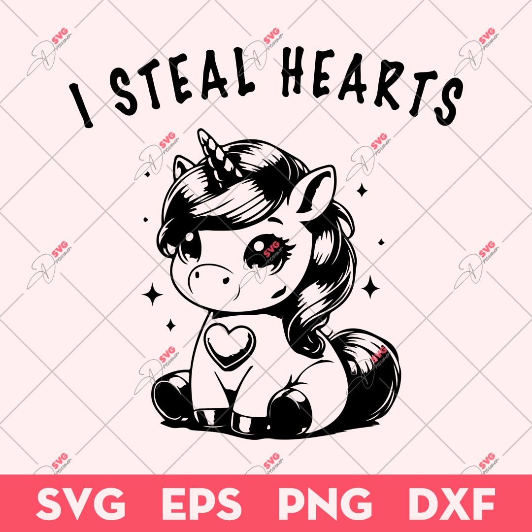 I Steal Hearts Valentines Unicorn SVG, Cute Valentines Unicorn SVG, Unicorn SVG