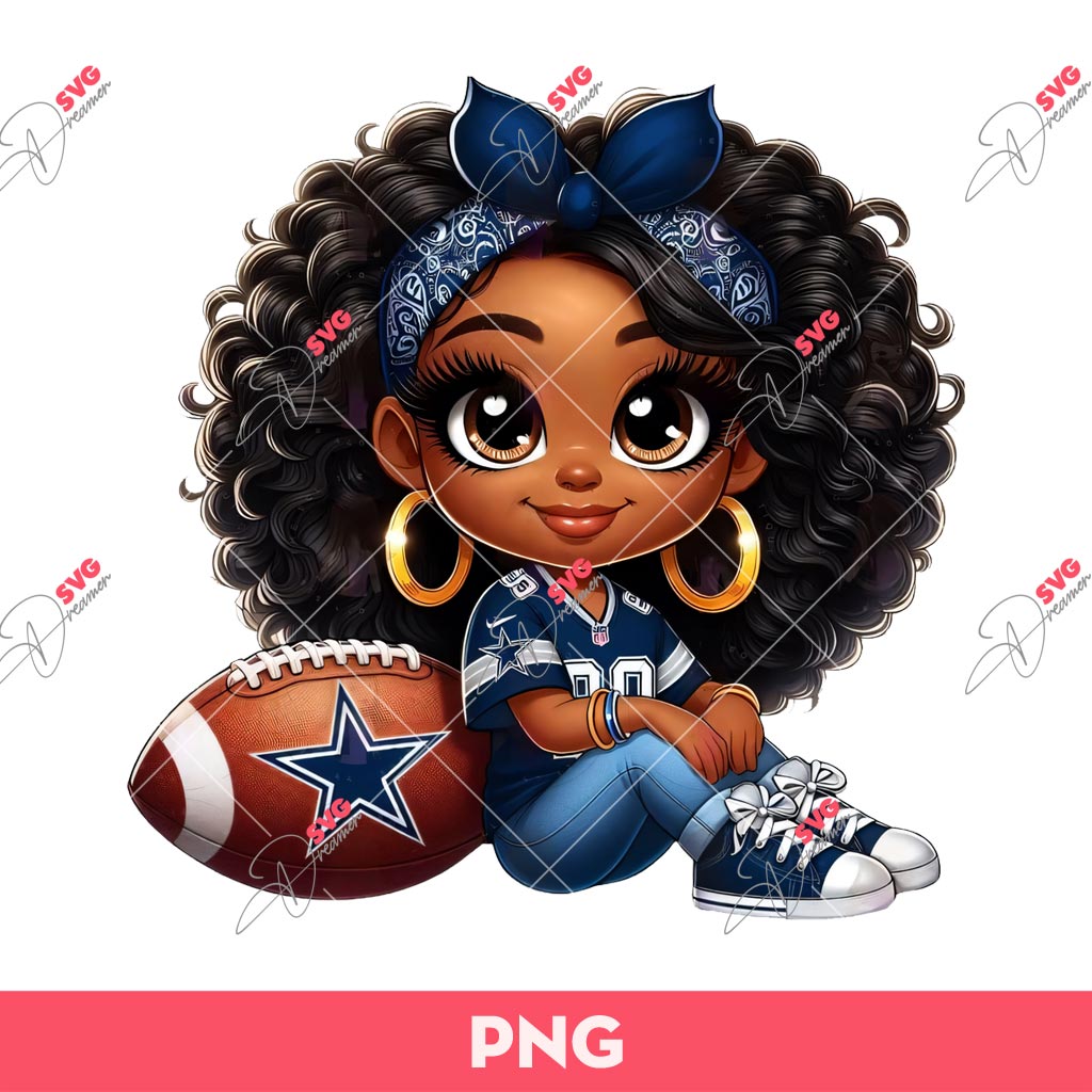 Cartoon African American Girl Football Fan Cowboys PNG, Curly Black Hair Girl Fan Dallas Cowboys PNG