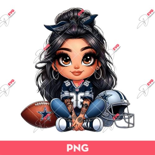 Cartoon Girl Football Fan Dallas Cowboys PNG, Black Hair Brown Eyes Messy Bun Tattoos Fan Cowbows PNG