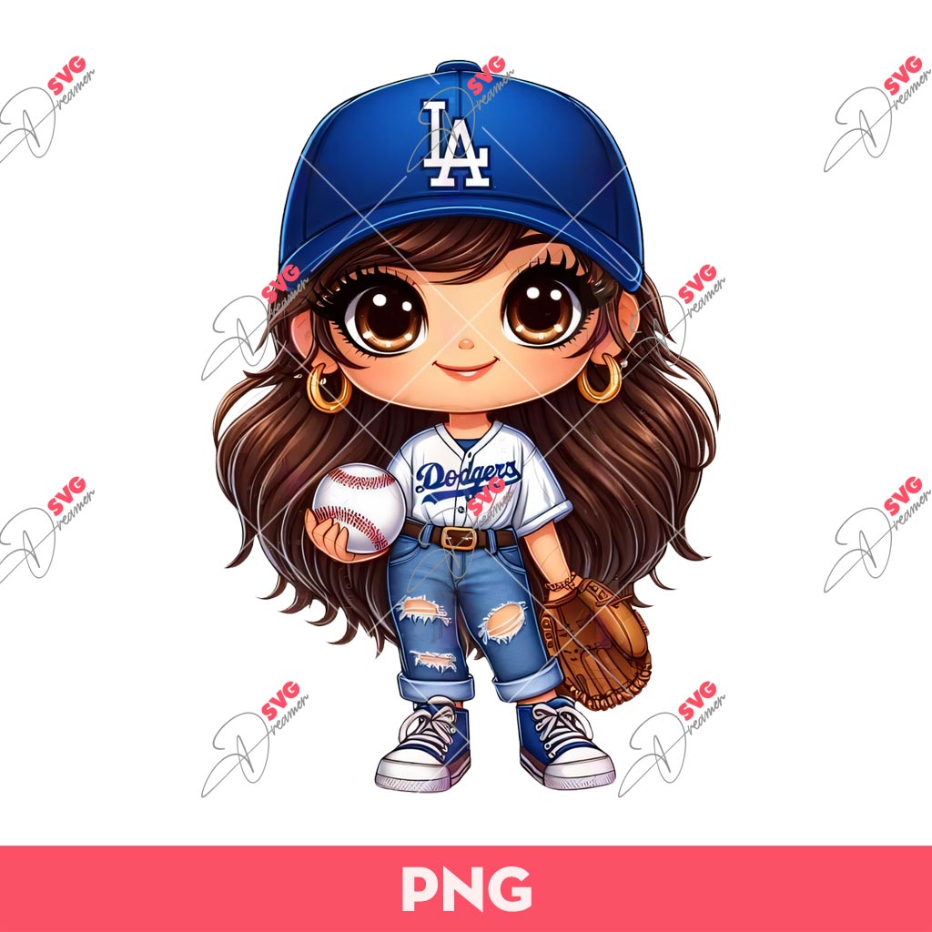 Cute Girl Baseball Fan LA Dodgers PNG, Los Angeles Dodgers Baseball Cartoon Girl PNG