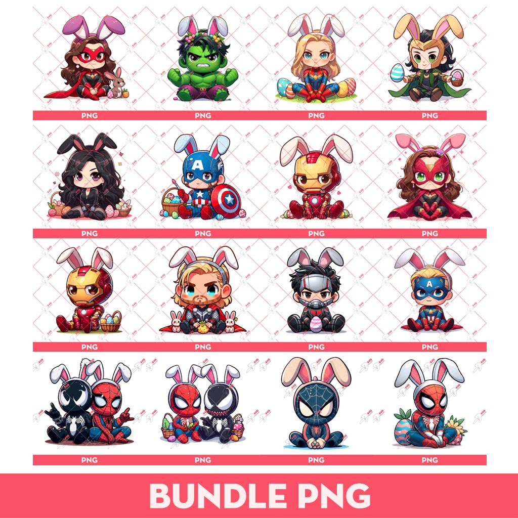 Bundle Superhero Chibi Easter PNG, Chibi Superhero Wearing Rabbit Ears PNG (Over 15 Designs)