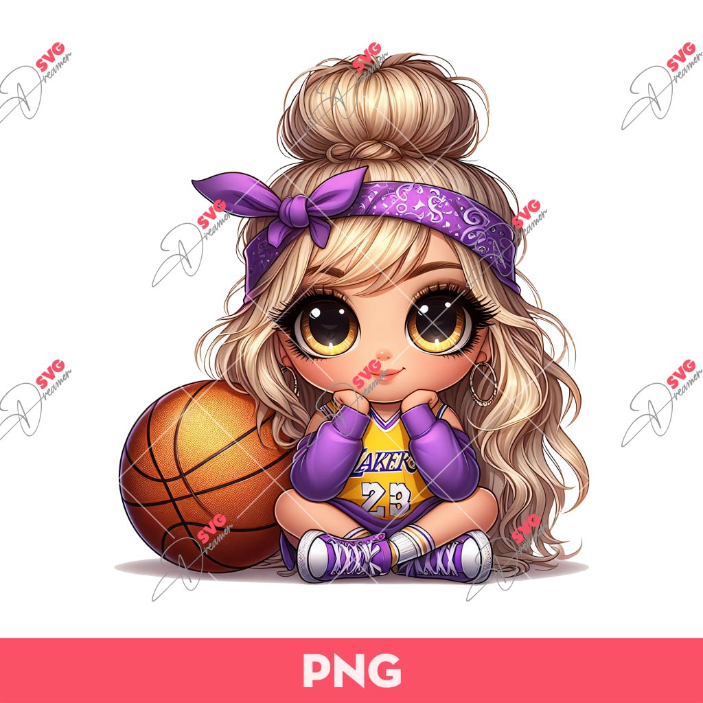 Cartoon Girl Basketball Fan LA Lakers PNG, Cute Little Girl Messy Bun Hair LA Lakers PNG
