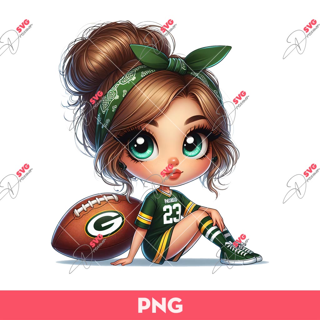 Cartoon Girl Green Bay Packers Football PNG, Cute Girl GB Packers NFL PNG