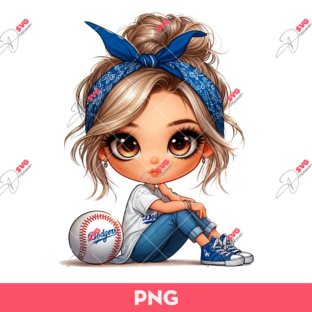 Cute Cartoon Girl LA Dodgers PNG, Cute Girl Messy Bun Blonde Hair Baseball Dodgers PNG