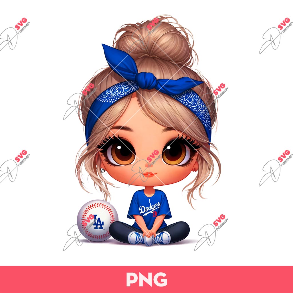 Cartoon Girl LA Dodgers Baseball PNG, Cute Girl Messy Bun Brown Eyes Baseball Dodgers PNG