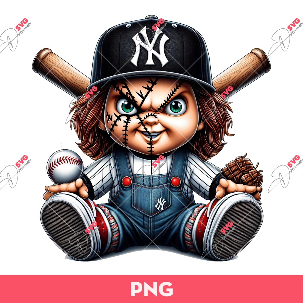 Chucky NY Yankees Baseball PNG, Horror Chucky Baseball PNG, Chucky Yankees Fan PNG
