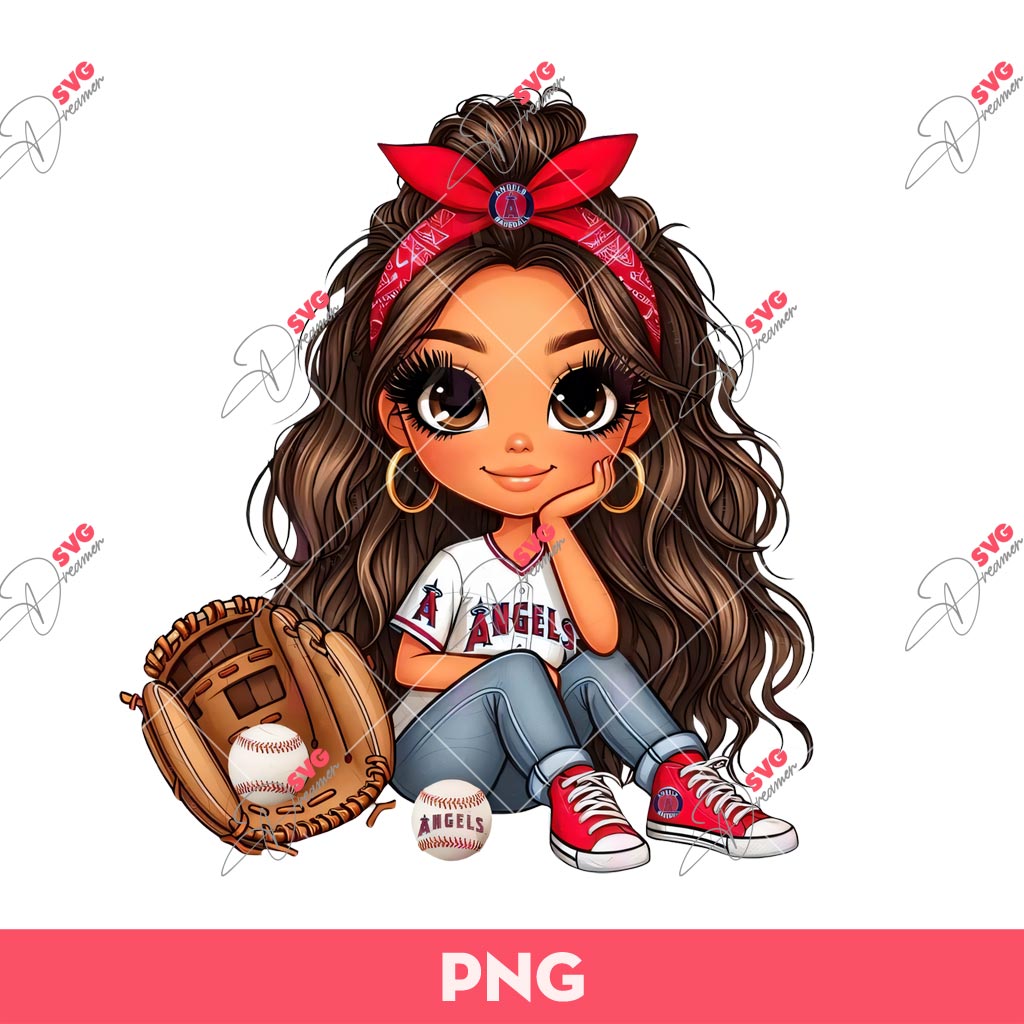 Cute Cartoon Girl Baseball Fan Angels PNG, Brown Hair Brown Eyes Messy Bun Baseball PNG
