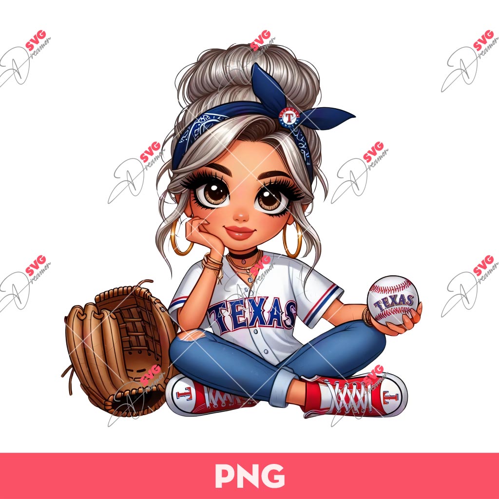 Cute Cartoon Girl Baseball Fan Rangers PNG, Silver Hair Hazel Eyes Messy Bun Baseball PNG