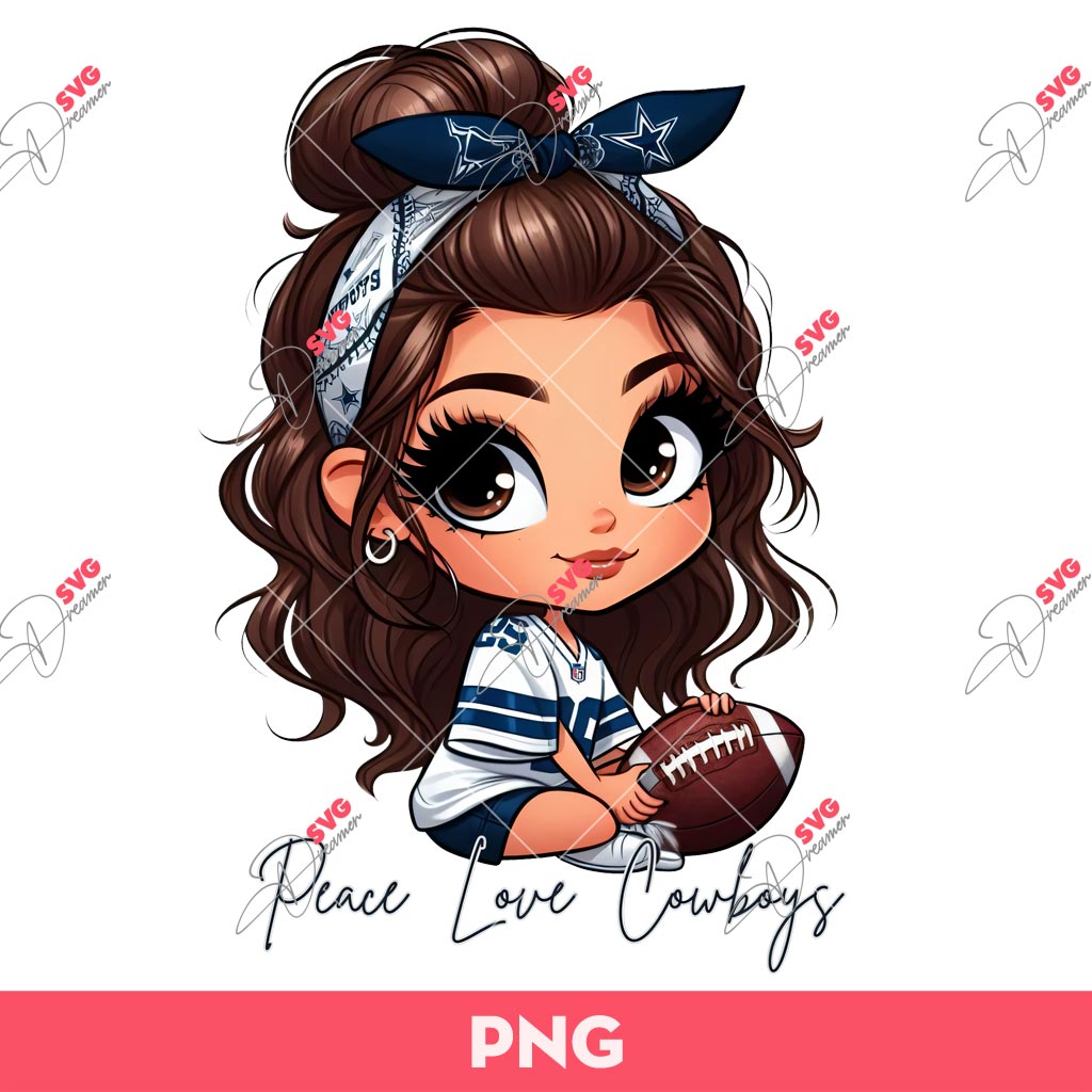 Cute Cartoon Girl Fan Cowboys PNG, Dallas Cowboys Fans PNG, Peace Love Cowboys PNG