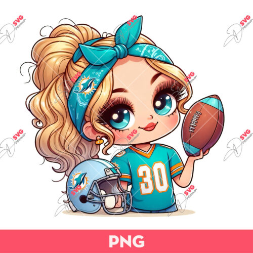 Cute Cartoon Girl Fan Miami Dolphins Football PNG, Miami Dolphins Girl PNG