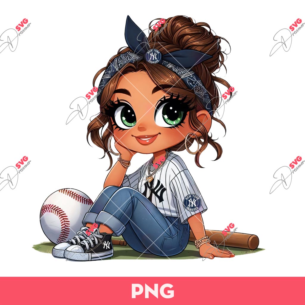 Cute Cartoon Girl Fan Yankees Baseball PNG, Messy Bun Girl Baseball PNG