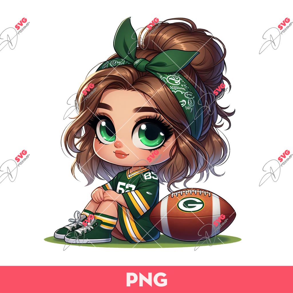 Cute Cartoon Girl Football Fan GB Packers PNG, Beautiful Girl Green Bay Packers PNG