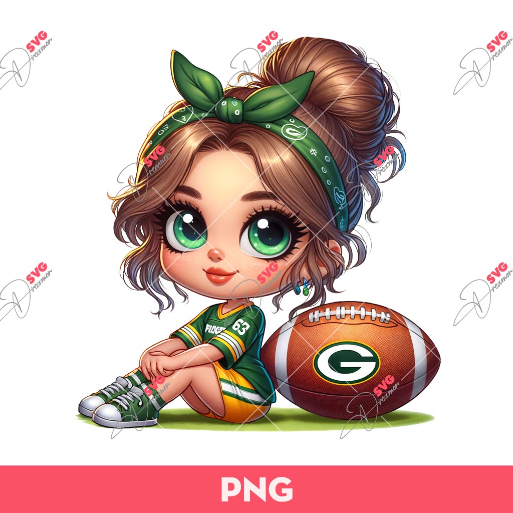 Cute Cartoon Girl Football Fan GB Packers PNG, Cute Little Girl Green Bay Packers PNG