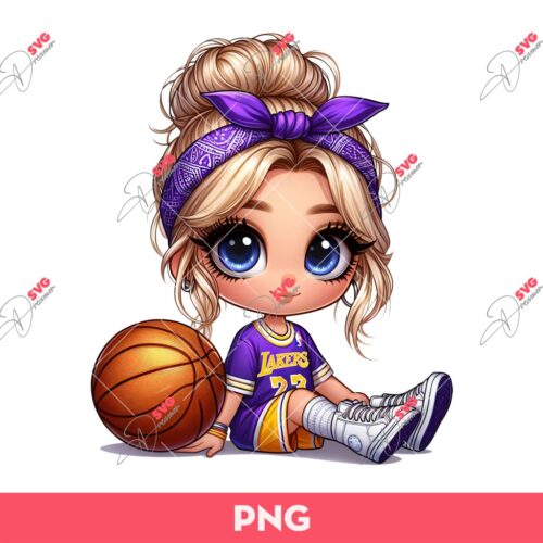 Cute Cartoon Girl LA Lakers Basketball PNG, Messy Bun Girl Lakers PNG