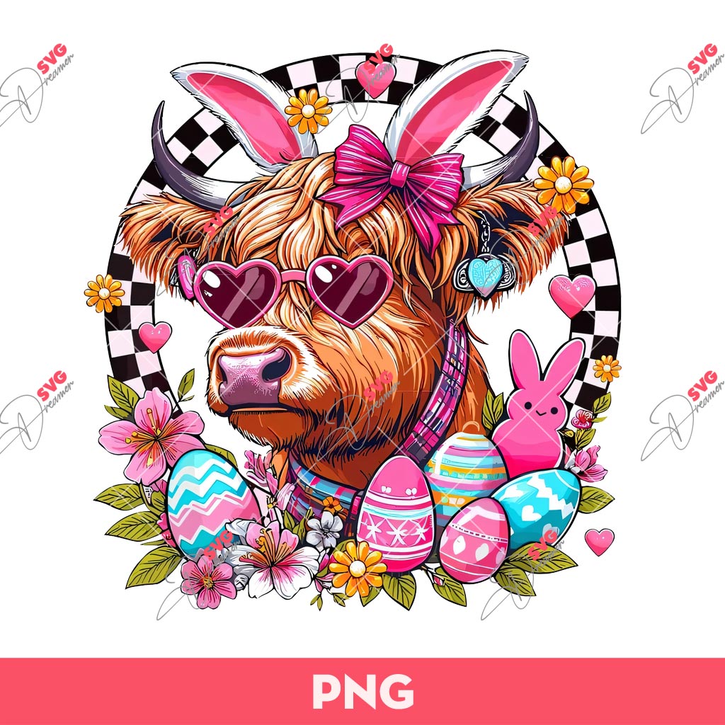 Highland Cow Easter PNG, Easter Bunny Cow PNG, Bunny Eggs Highland Cow PNG