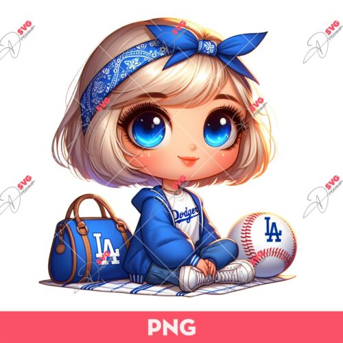Cute Cartoon Girl Messy Bun Hair Baseball PNG, Cartoon Girl LA Dodgers Baseball PNG