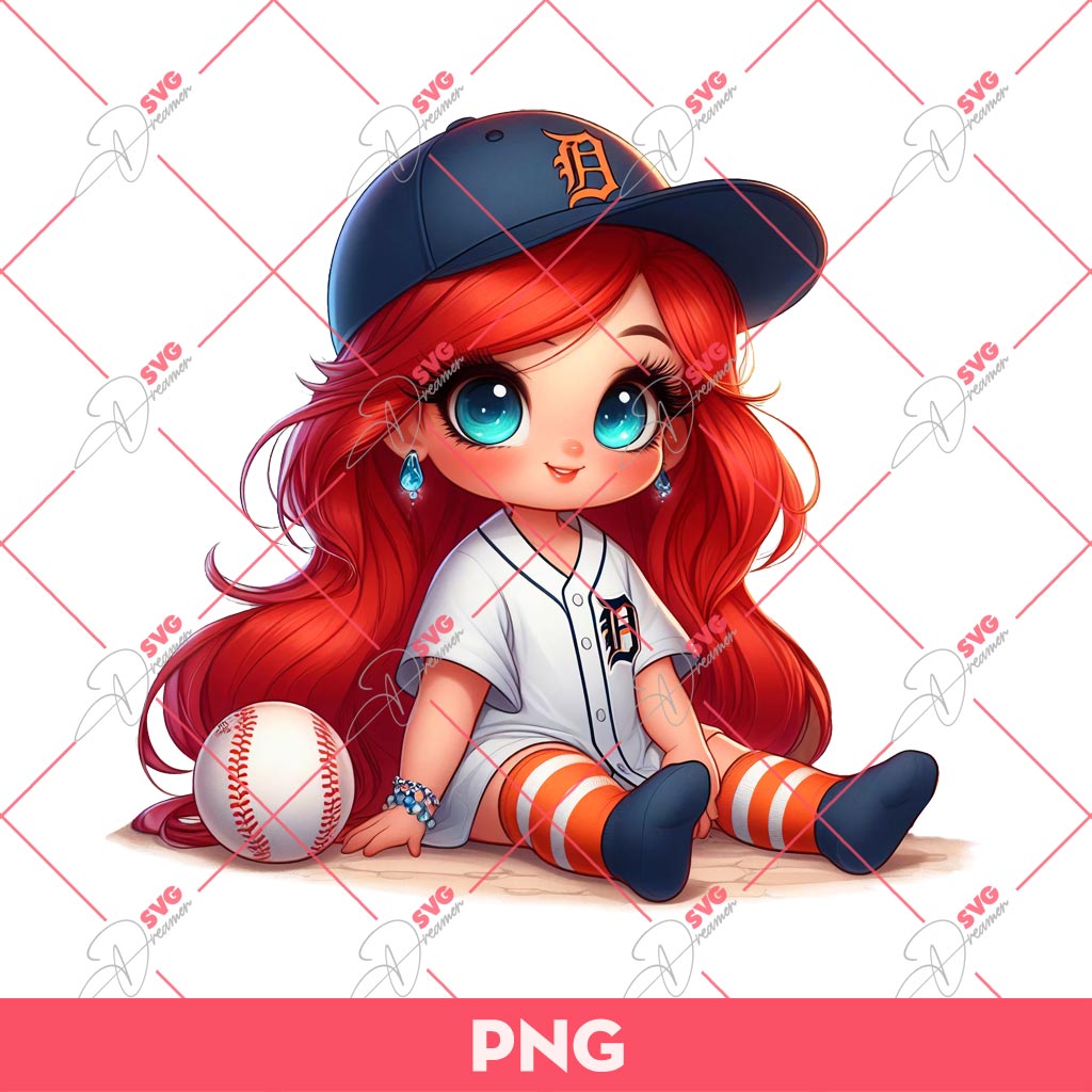 Ariel Mermaid Baseball Fan Detroit Tigers PNG, Disney Princess Baseball PNG, Ariel Detroit Tigers PNG