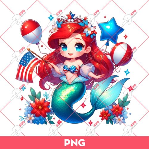 Ariel Mermaid Princess Independence Day PNG, 04th Of July Disney Princess PNG