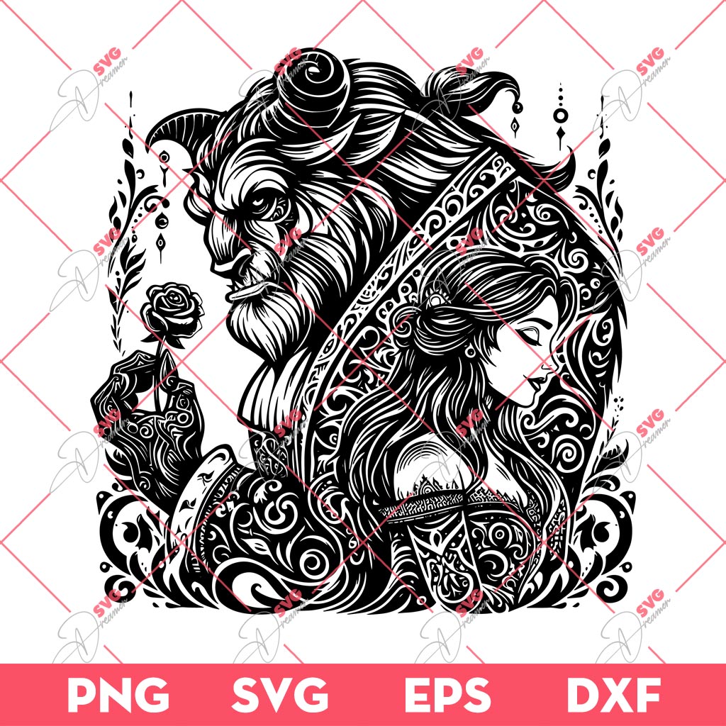 Beauty And The Beast Mandala SVG, Disney Princess Belle Enchanted Rose SVG PNG