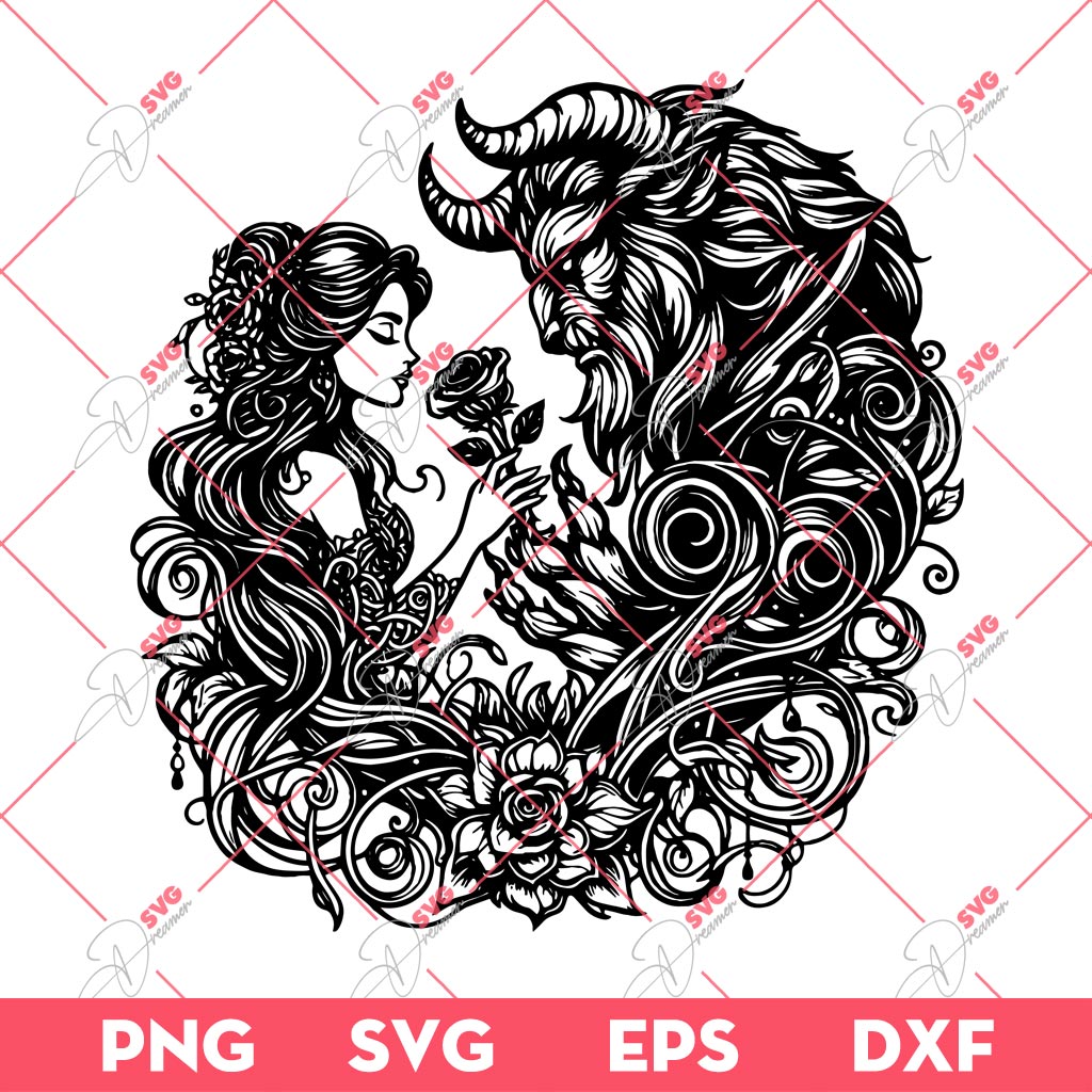 Beauty And The Beast Mandala SVG PNG, Disney Princess Belle Mandala Enchanted Rose SVG PNG