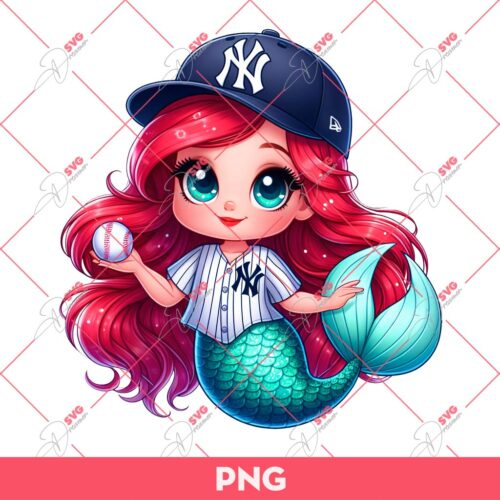 Cute Cartoon Ariel Mermaid NY Yankees PNG, Disney Princess Baseball Yankees PNG