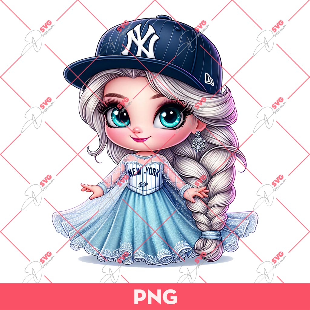 Cute Cartoon Elsa Frozen NY Yankees PNG, Disney Princess Yankees Baseball PNG