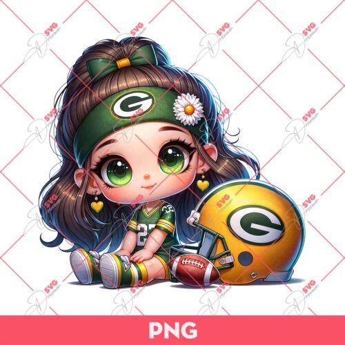 Cute Cartoon Girl Football Fan Green Bay Packers PNG, Little Girl Fan GB Packers NFL PNG