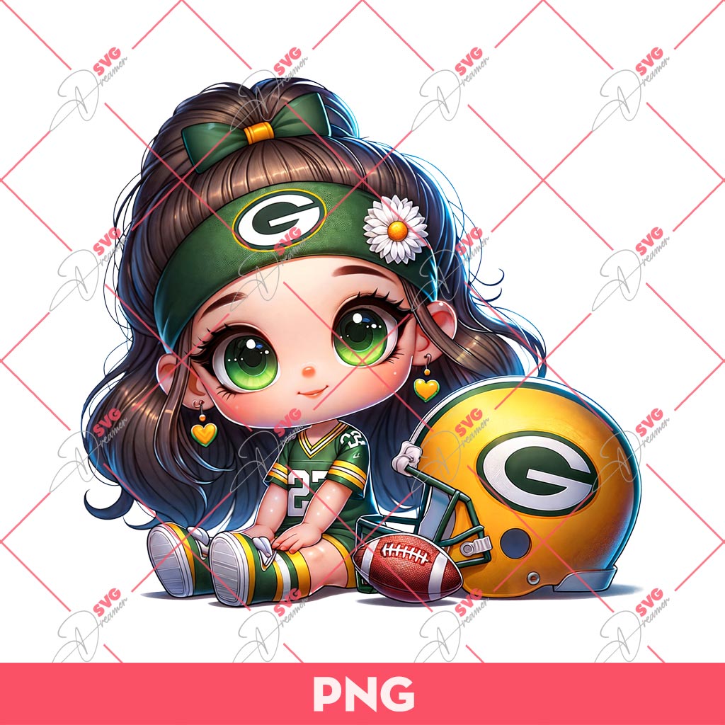 Cute Cartoon Girl Football Fan Green Bay Packers PNG, Little Girl Fan GB Packers NFL PNG