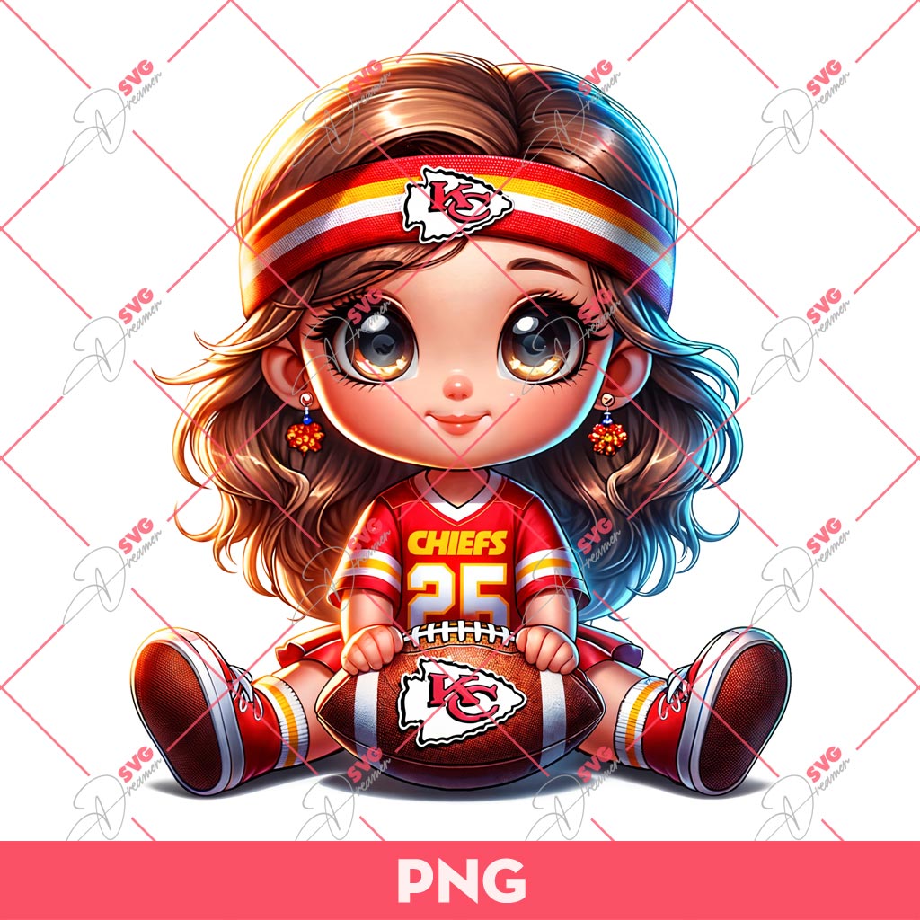 Cute Cartoon Girl Football Fan Kansas City Chiefs PNG, Little Girl KC Chiefs NFL PNG