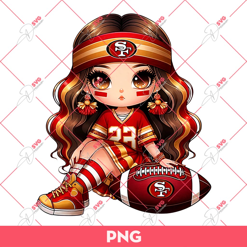 Cute Cartoon Girl Football Fan San Francisco 49Ers PNG, Little Girl NFL 49ers PNG