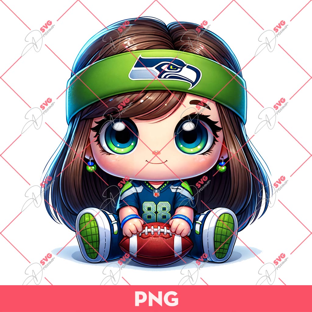 Cute Cartoon Girl Football Fan Seattle Seahawks PNG, Little Girl Seahawks NFL PNG