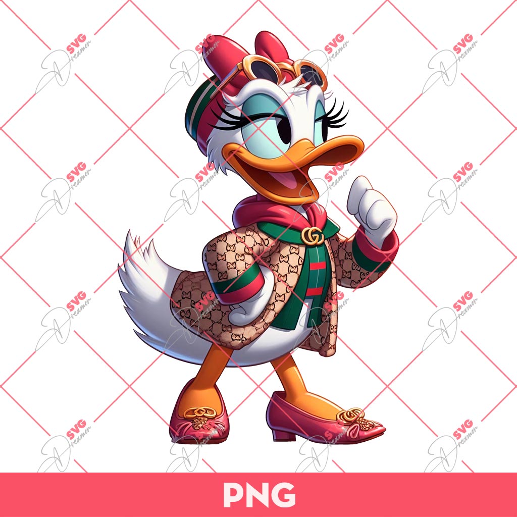 Daisy Duck Gucci PNG, Disney Daisy Wearing Gucci Outfits PNG