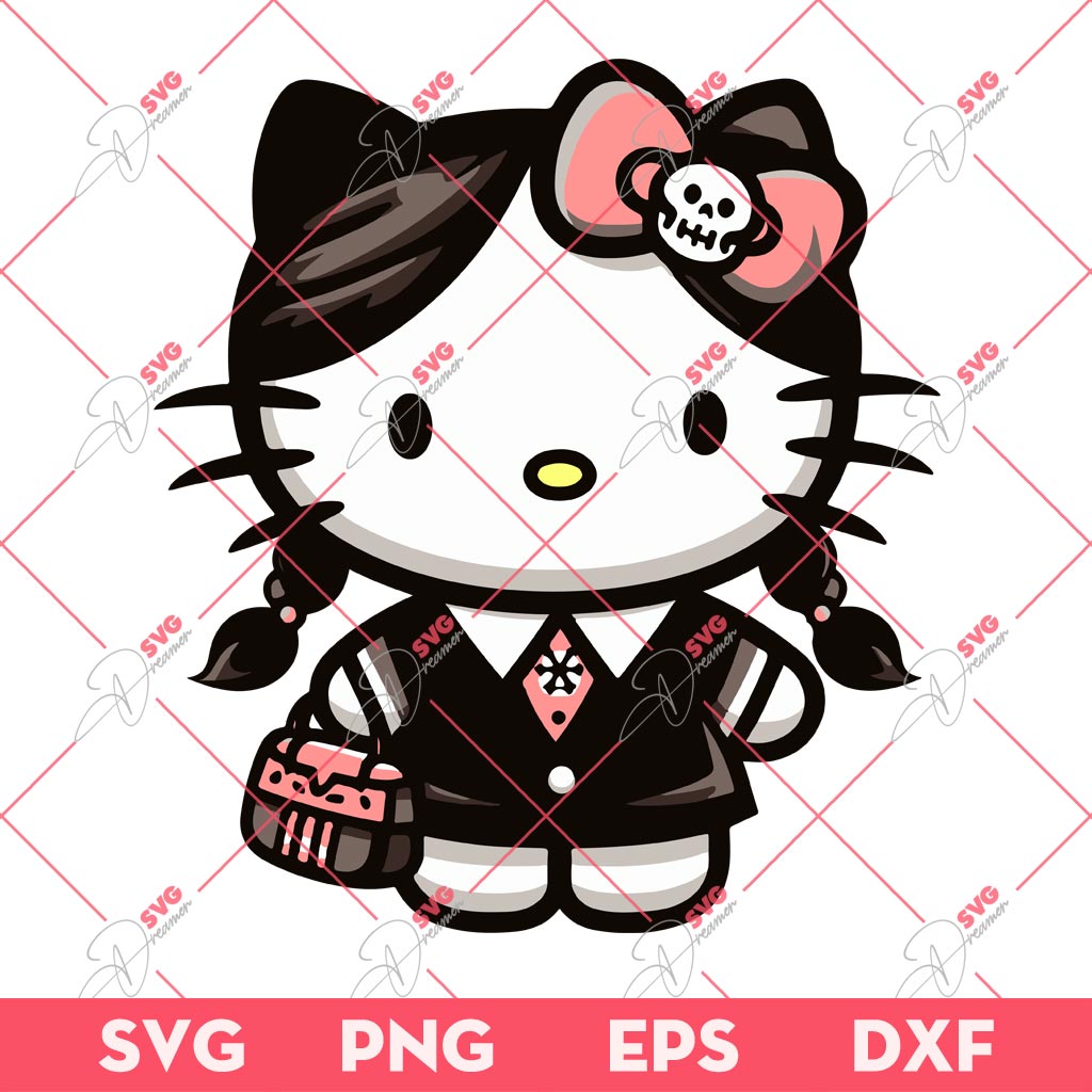 Hello Kitty X Wednesday Addams SVG PNG, Wednesday Kitty SVG PNG