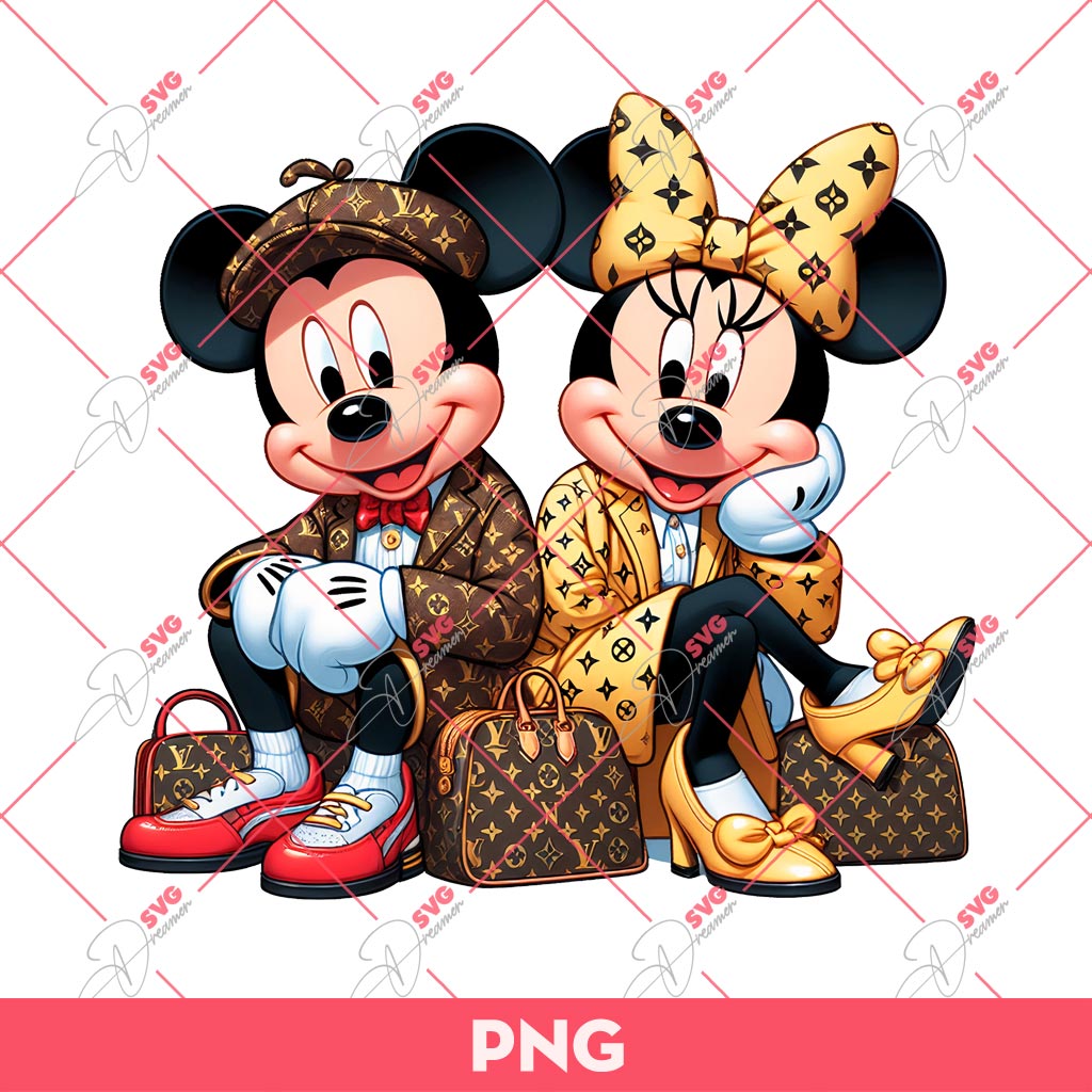 Minnie And Mickey LV Fashion PNG, Disney Mickey Minnie Mouse Wearing Louis Vuitton Outfits PNG