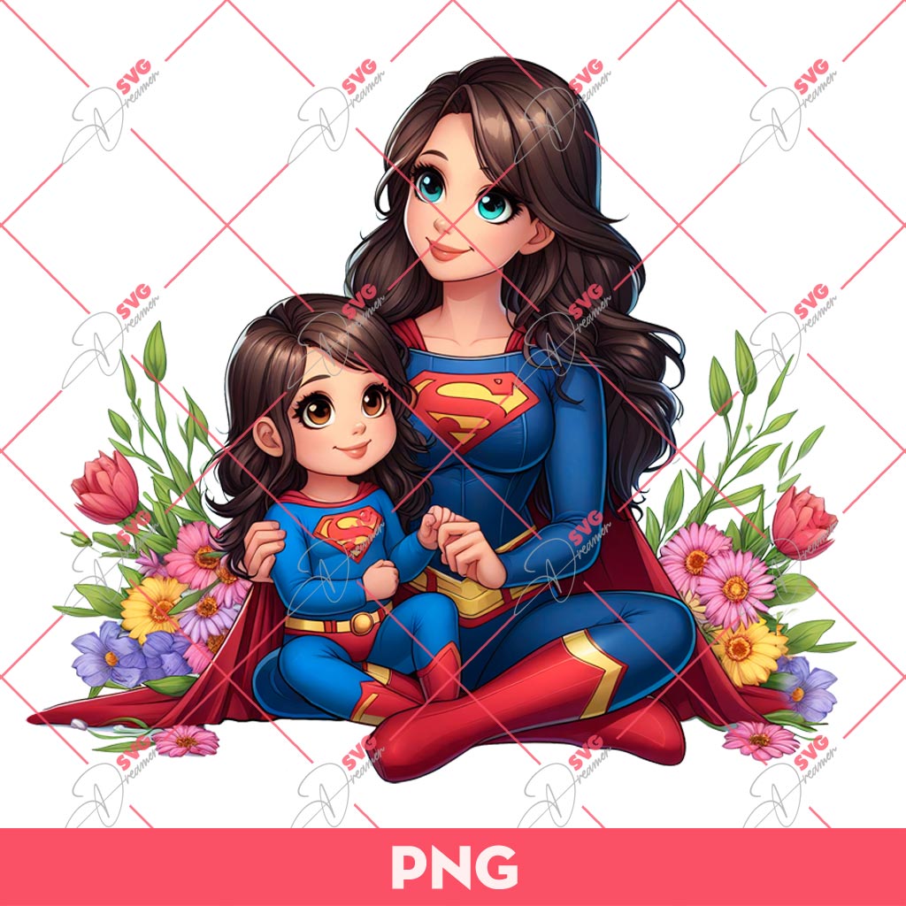 Mom And Daughter Superman Superhero PNG, Mothers Day PNG