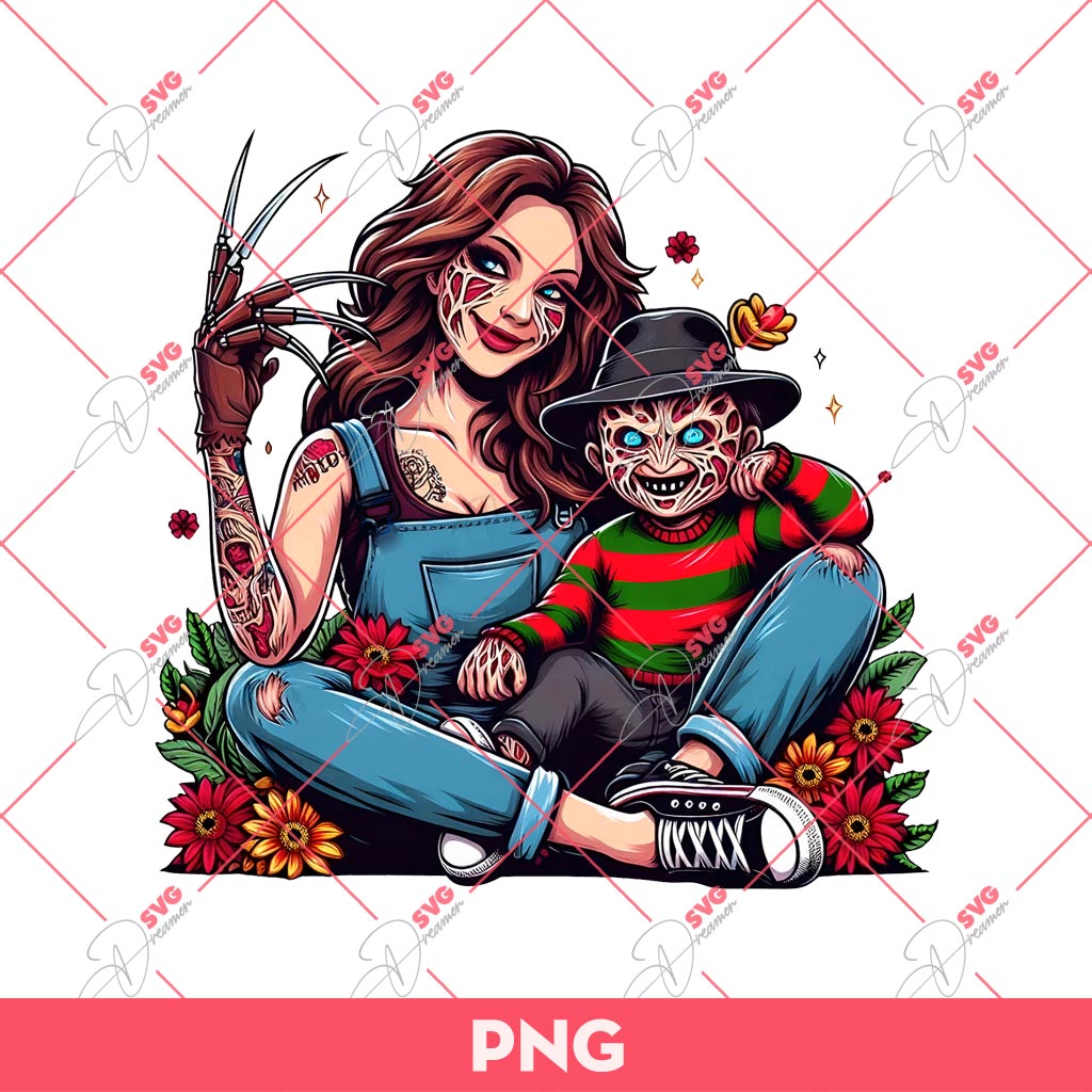 Mom And Son Freddy Krueger PNG, Mom And Boy Horror Movie Characters PNG, Mothers Day PNG