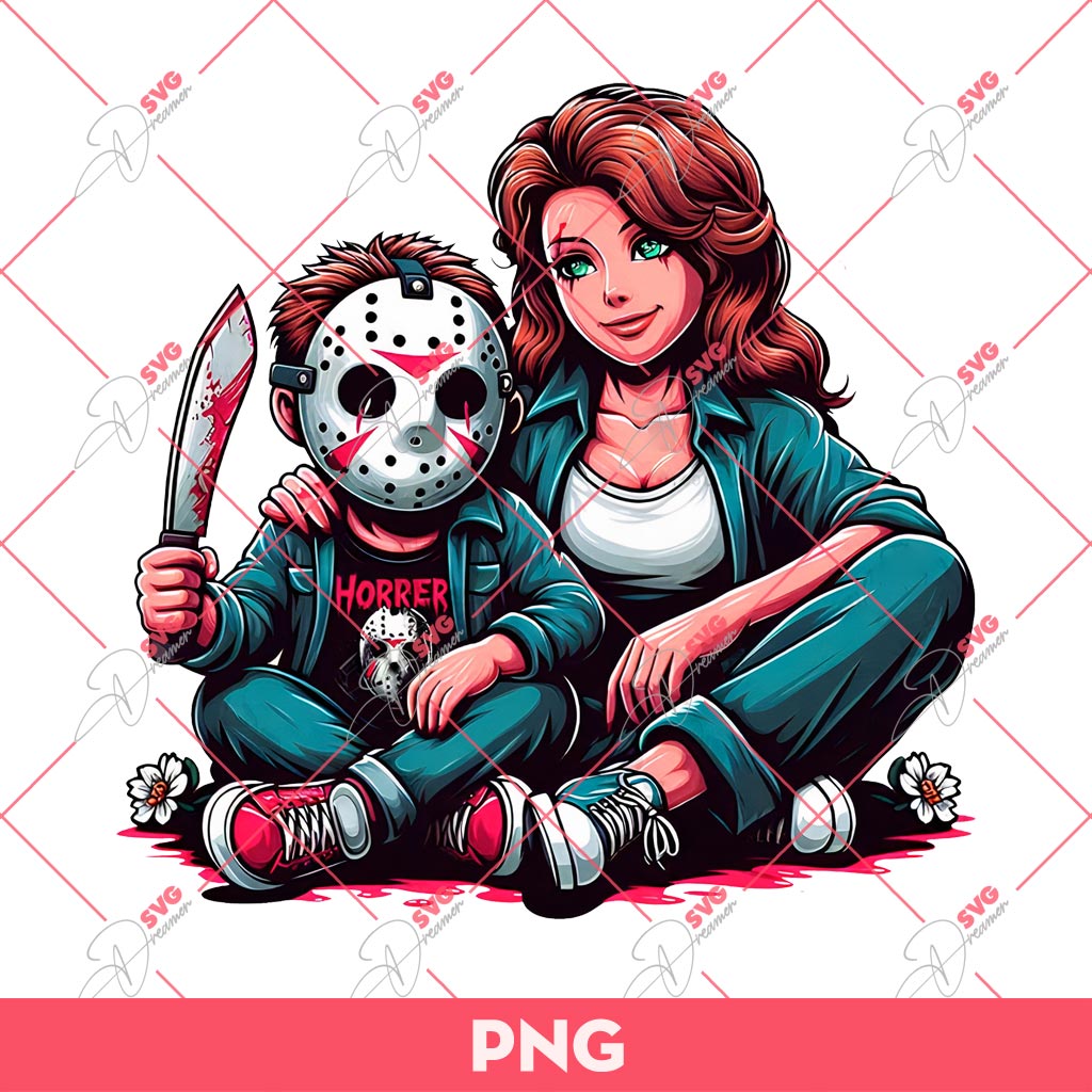 Mom And Son Jason Voorhees PNG, Mom And Boy Horror Movie Characters PNG, Mothers Day PNG