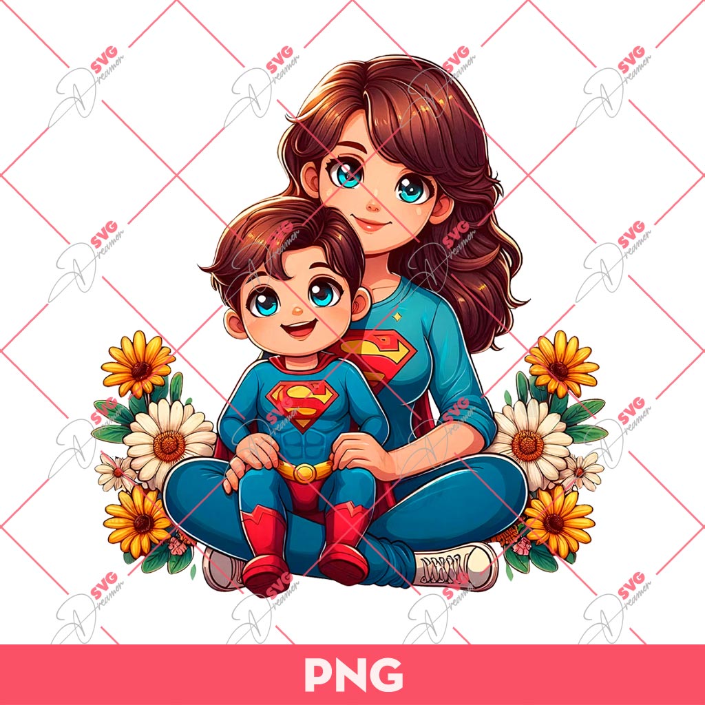 Mom And Son Super Man Superhero PNG, Mothers Day PNG