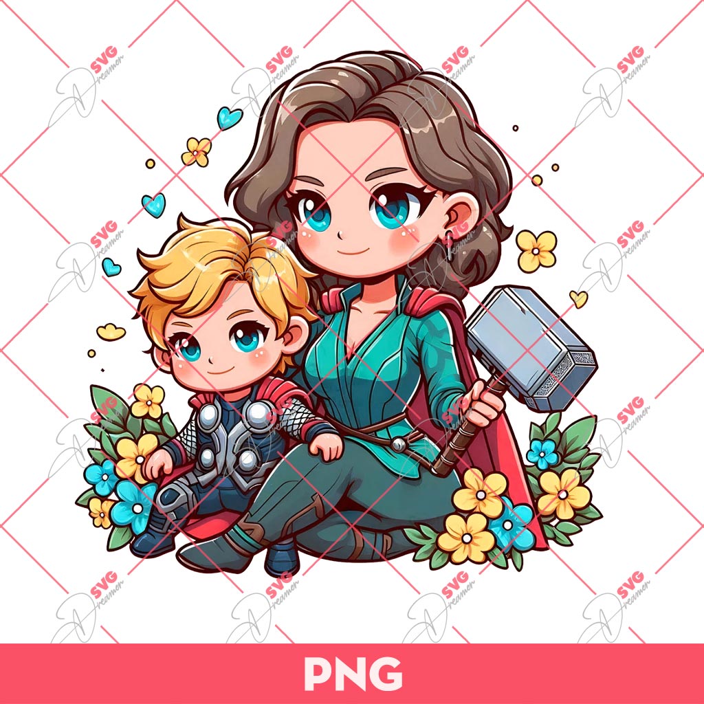 Mom And Son Thor Superhero PNG, Mothers Day PNG