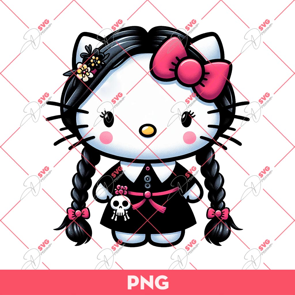Wednesday Kitty PNG, Hello Kitty Wednesday Addams PNG