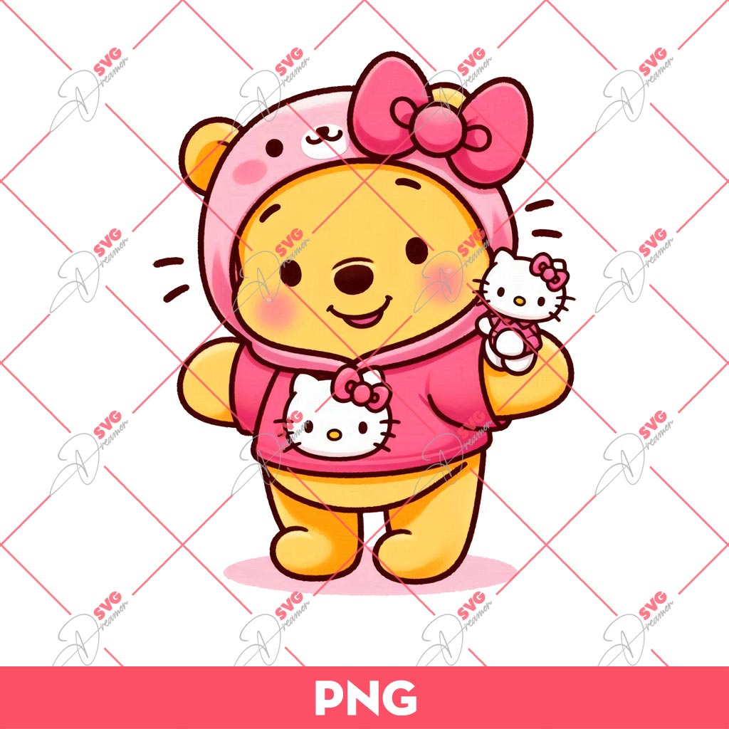 Winnie The Pooh Wearing Hello Kitty Outfits PNG, Hello Pooh Kitty PNG