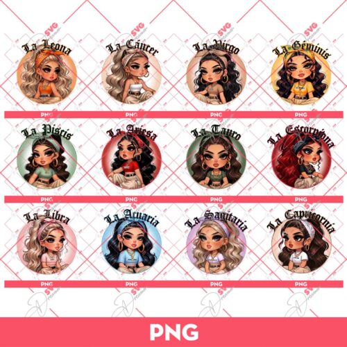 12 Zodiac Signs Chicana Girls Bundle PNG, Cute Latina Girl Zodiac Signs PNG Bundle