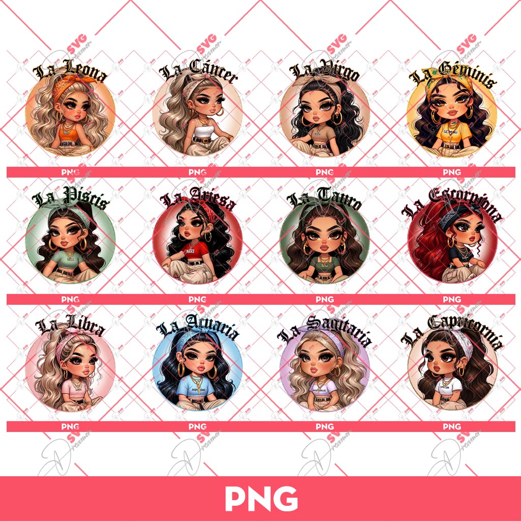 12 Zodiac Signs Chicana Girls Bundle PNG, Cute Latina Girl Zodiac Signs PNG Bundle