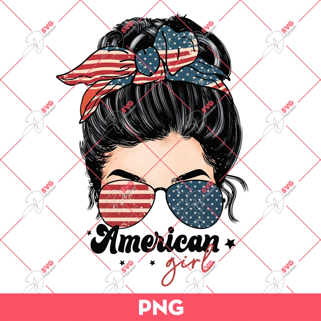 American Girl PNG, 04th Of July PNG, Messy Bun US Flag America Girl PNG