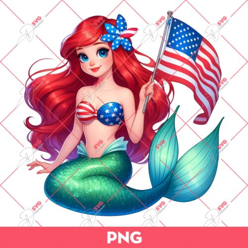 Ariel Mermaid Celebrating Independence Day PNG, Disney Princess American PNG, 04th Of July Cartoon Princess PNG