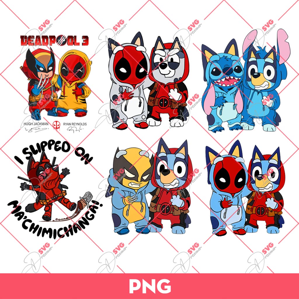 Bundle Bluey Stitch Deadpood Wolverine PNG, Bundle Deadpool Bluey Wolverine PNG