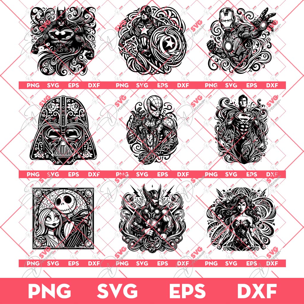 Bundle Superhero Mandala SVG, Enchanted Rose Cartoon SVG, Superhero Mandala SVG PNG Bundle