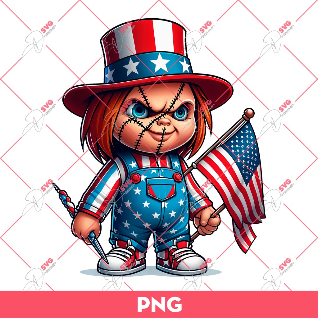 Chucky America Flag PNG, Horror Chucky Doll Independence Day PNG, 04th Of July PNG