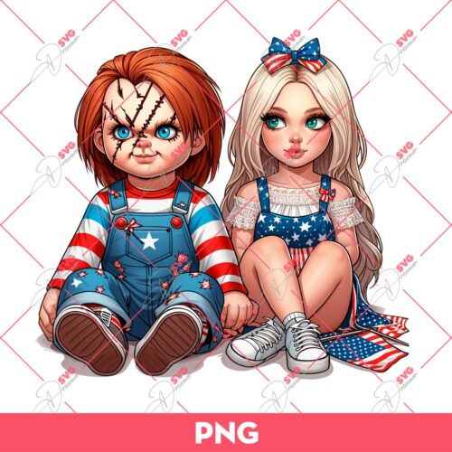 Chucky And Girl Friend 04th Of July PNG, Horror Couple Independence Day PNG, Chucky America PNG