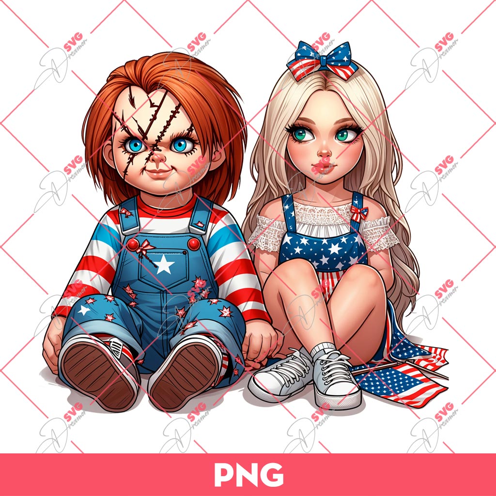 Chucky And Girl Friend 04th Of July PNG, Horror Couple Independence Day PNG, Chucky America PNG